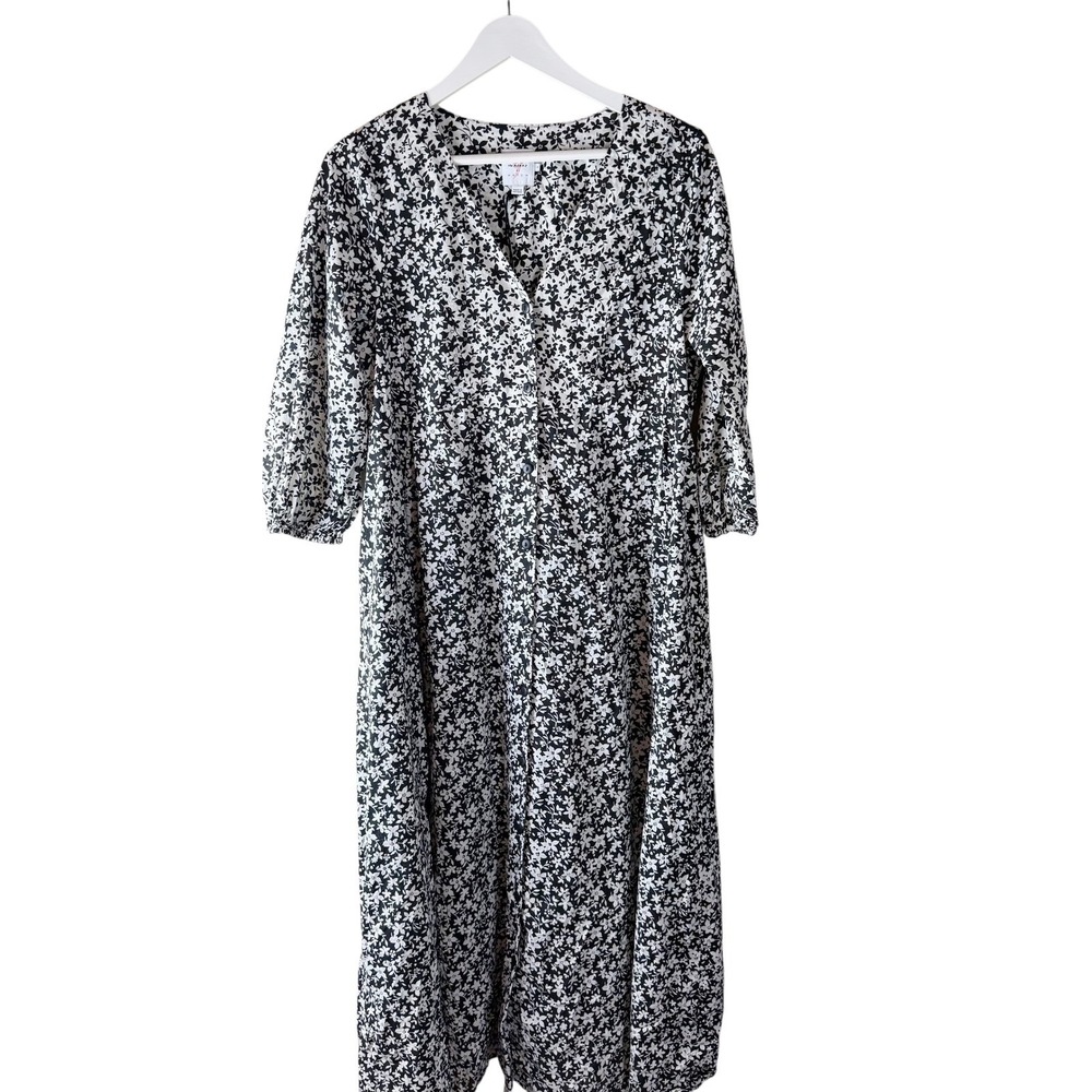The Nines by Hatch Maternity Black White Floral Button Front Cotton Midi Dress S